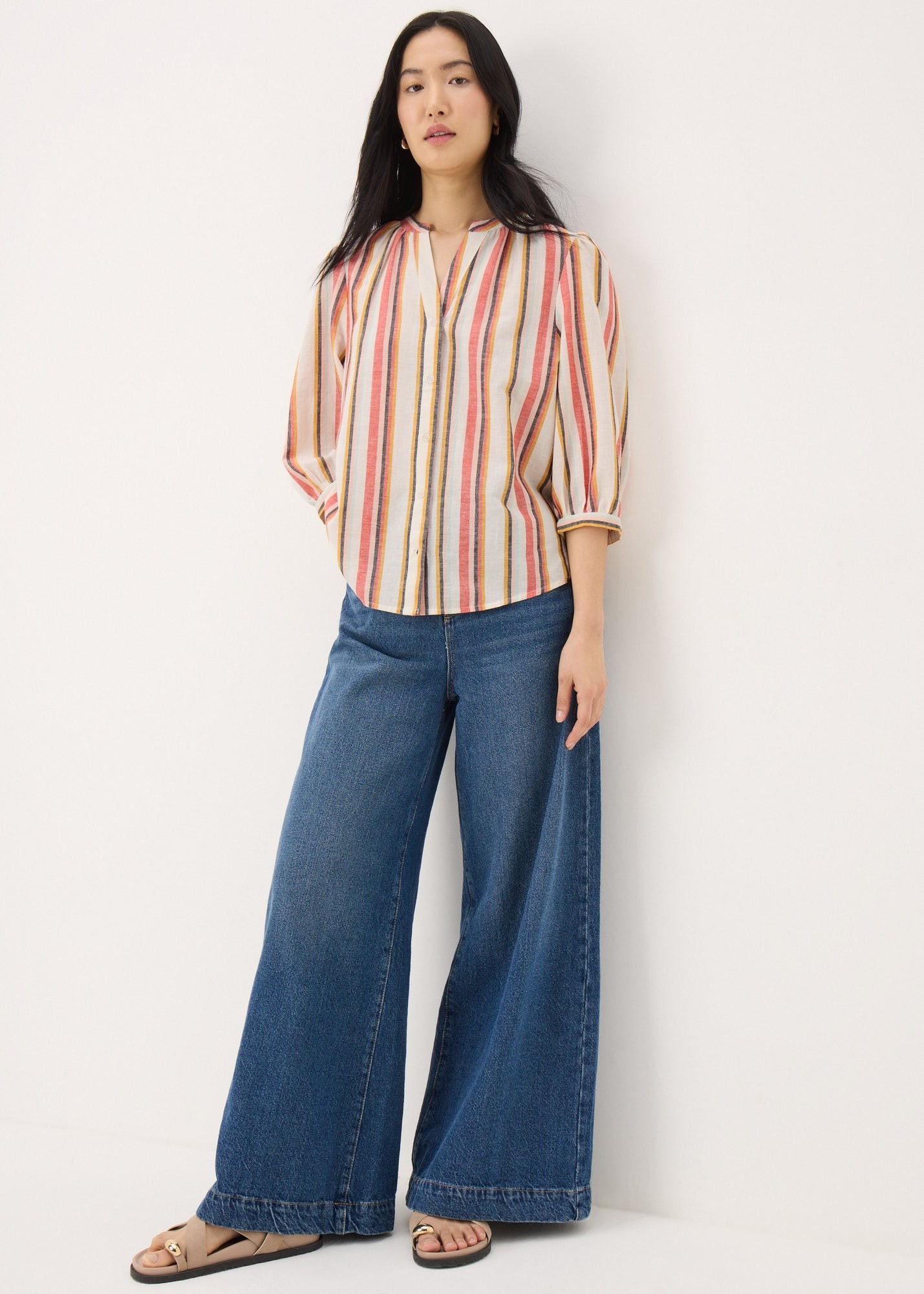 Buy Linen Blend Stripe 3/4 Sleeve Blouse Starting at Just 149 AED from bfab United Arab Emirates