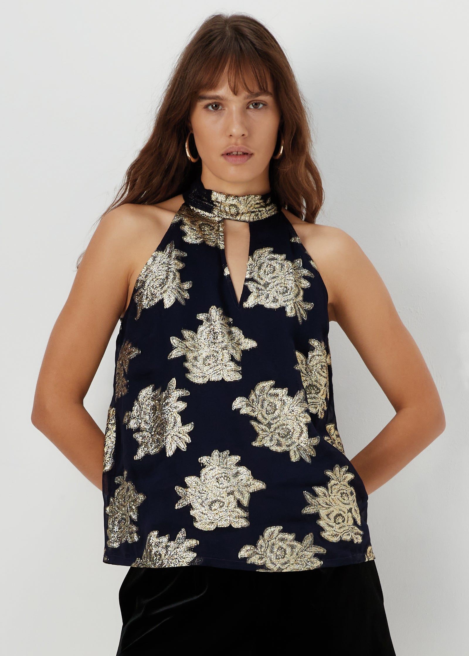Buy Et Vous Navy Floral High Neck Sleeveless Top-Navy-16 in Oman - bfab