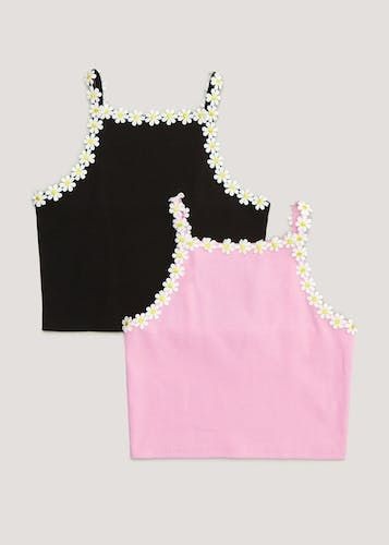 Girls 2 Pack Daisy Ribbed Vest Tops (4-13yrs) - Pink/Black - 6Y