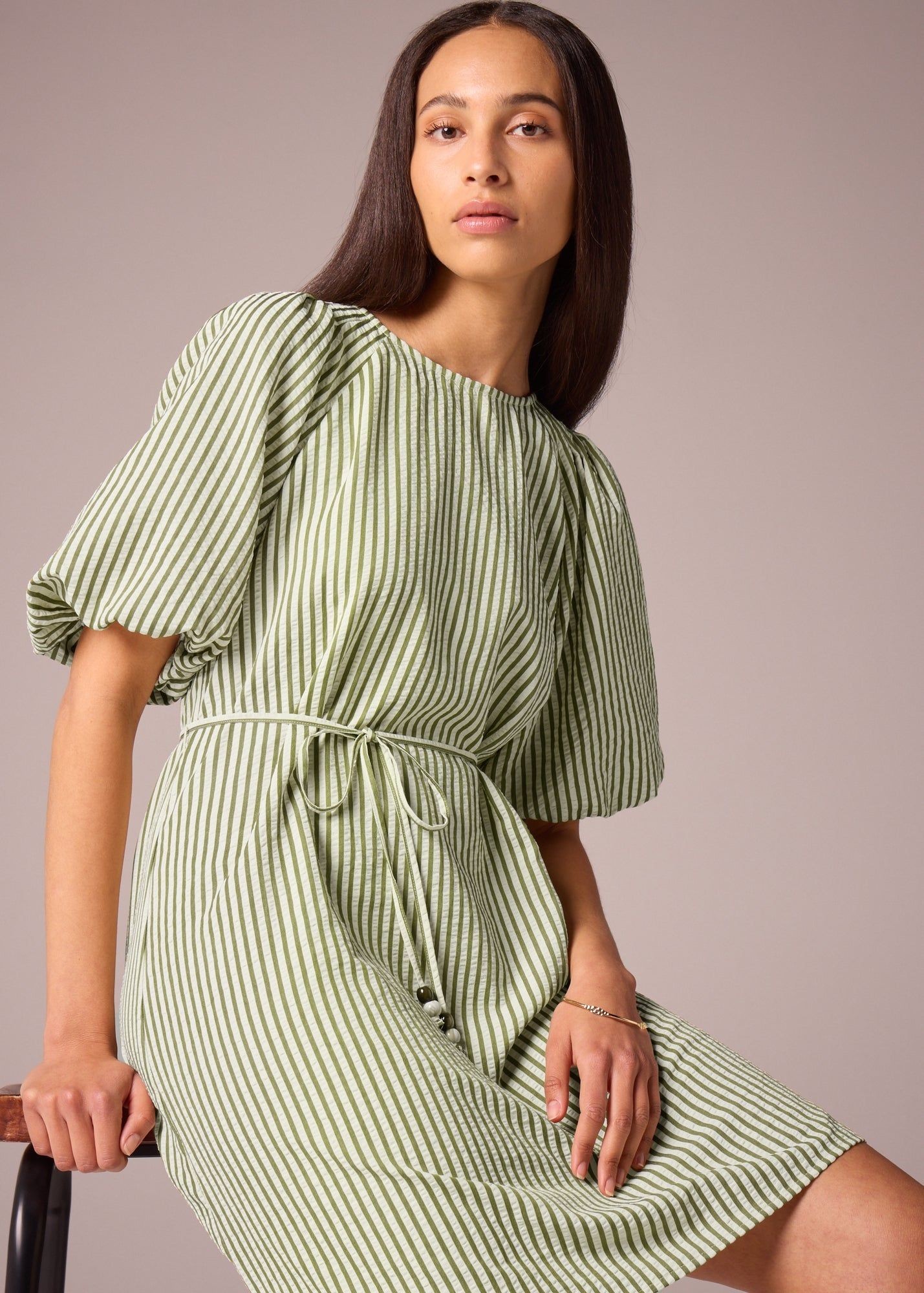 Buy Et Vous Stripe Belted Puff Sleeve Mini Dress-Green-18 Online in Oman -  bfab