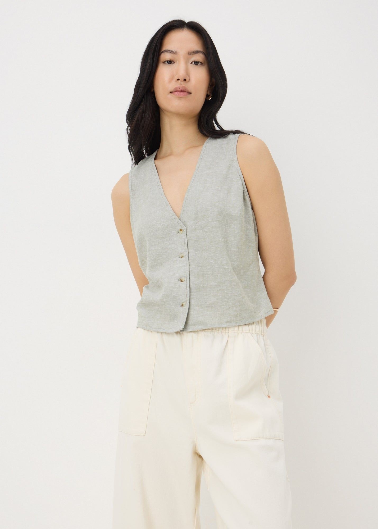 Buy Linen Blend Button Up Vest Top-Green-16 Online in Bahrain from