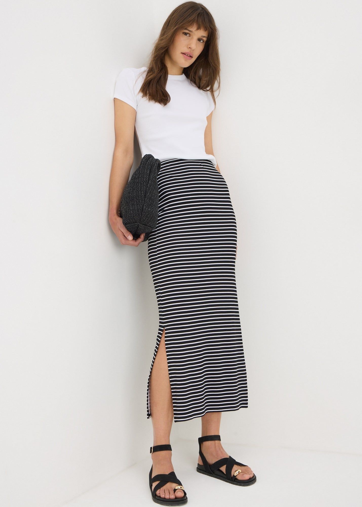 Buy Stripe Jersey Maxi Skirt-Black/White-14 Online in Oman from