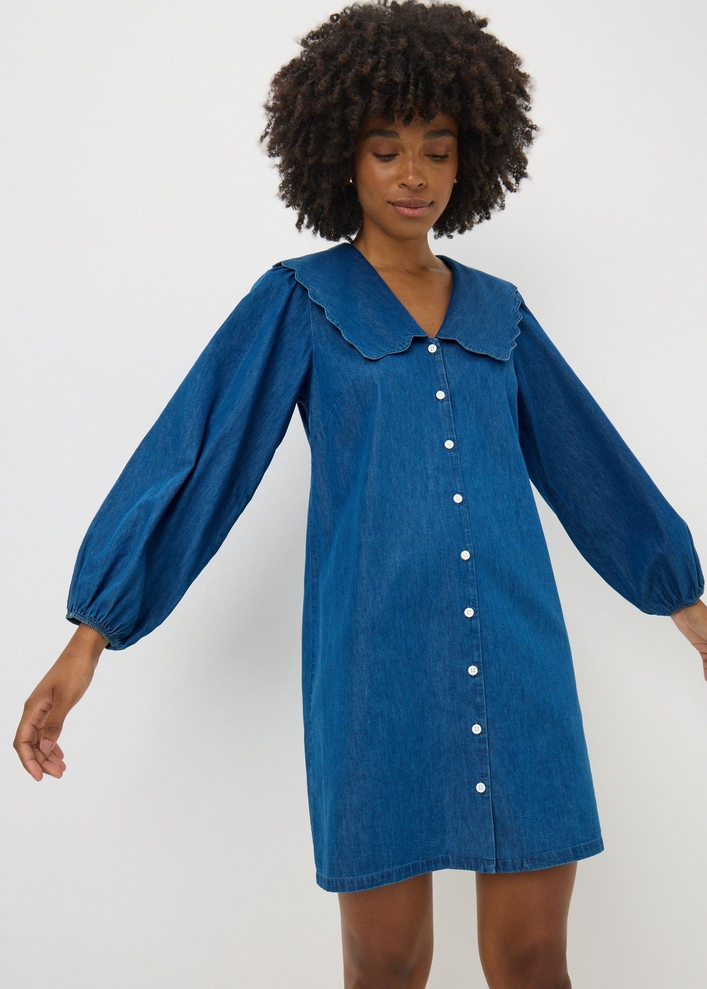 Buy Denim Scalloped Collar Mini Dress-Blue-22 Online in Jordan from Matalan