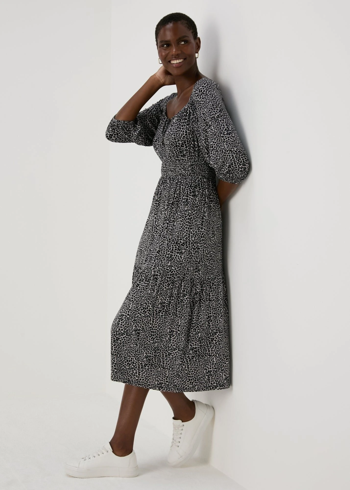 grey leopard print midi dress Whistles Speckled Leopard Midi Dress Multicolour Size 2