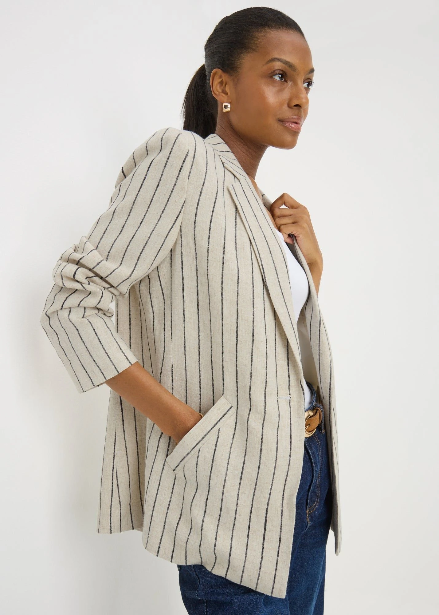 Buy Stripe Linen Blend Blazer-Brown-20 Online in Oman bfab