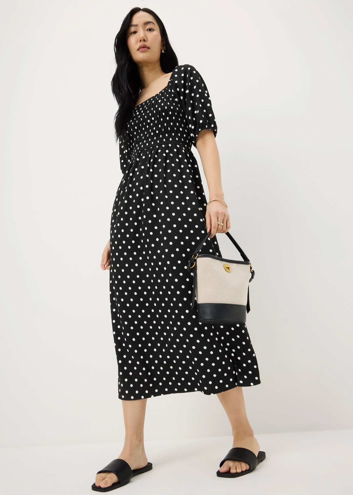 polka dot shirred midi dress CurveWow Shirred Midi Dress Blue Polka Dot Curvewow