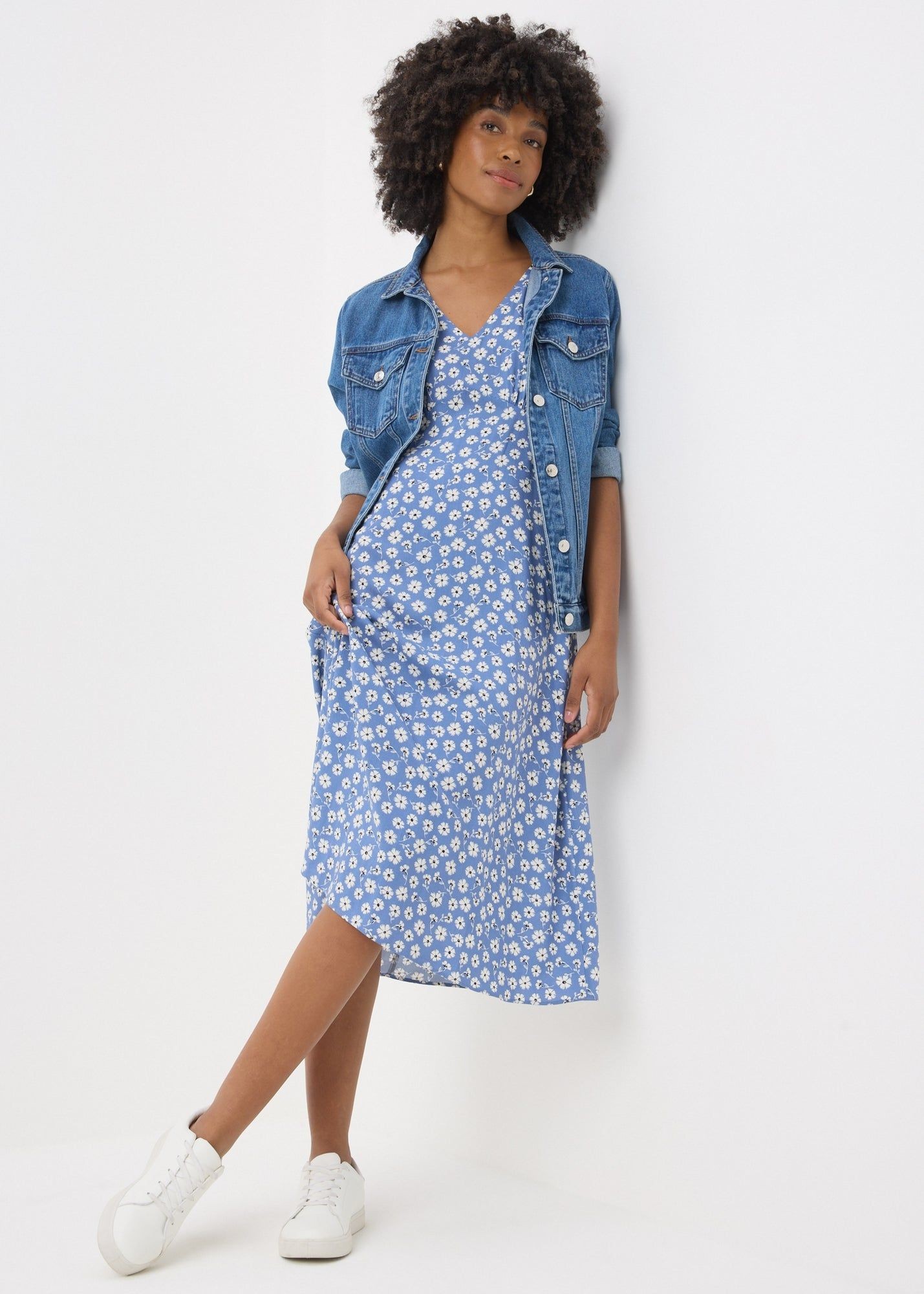 blue ditsy floral midi dress Blue Ditsy Floral Print Smock V Neck Round Hem Side Slit Midi Dress