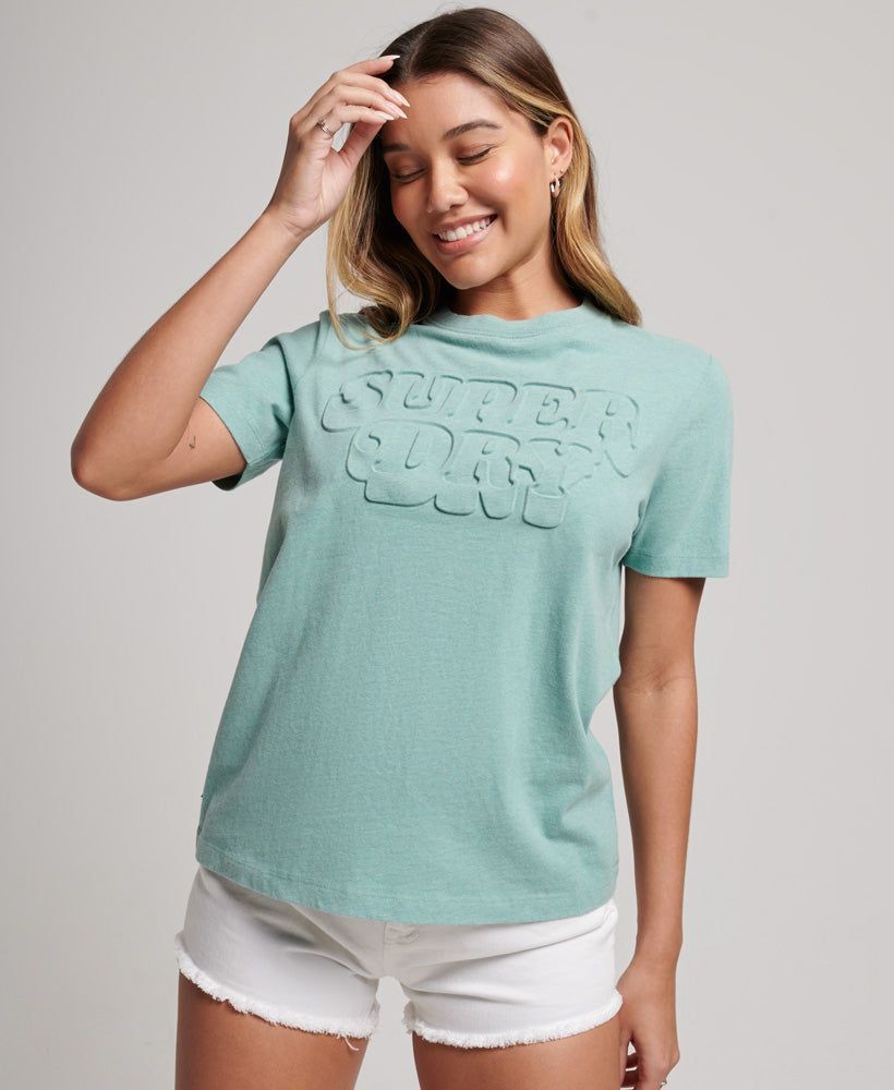 womens Organic Cotton Vintage Cooper Embossed T-Shirt in Glacier Grey Marl | US womens Organic Cotton Vintage Cooper Embossed T-Shirt in Glacier Grey Marl | US